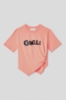 Picture of Asymmetric round neck jersey T shirt with pleat detail and print • Melon orange