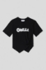 Immagine di T shirt in jersey assimetrica paricollo con dettaglio pieghe e stampa • Nero