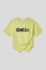 Picture of Asymmetric round neck jersey T shirt with pleat detail and • Lime print