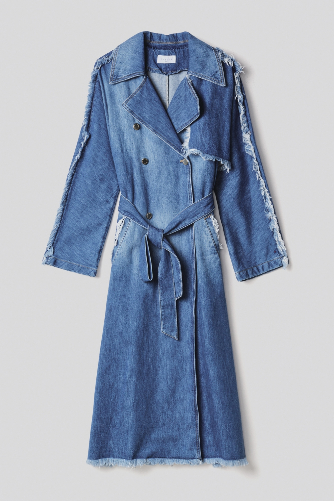 Trench lungo doppiopetto con frange in denim • Blu