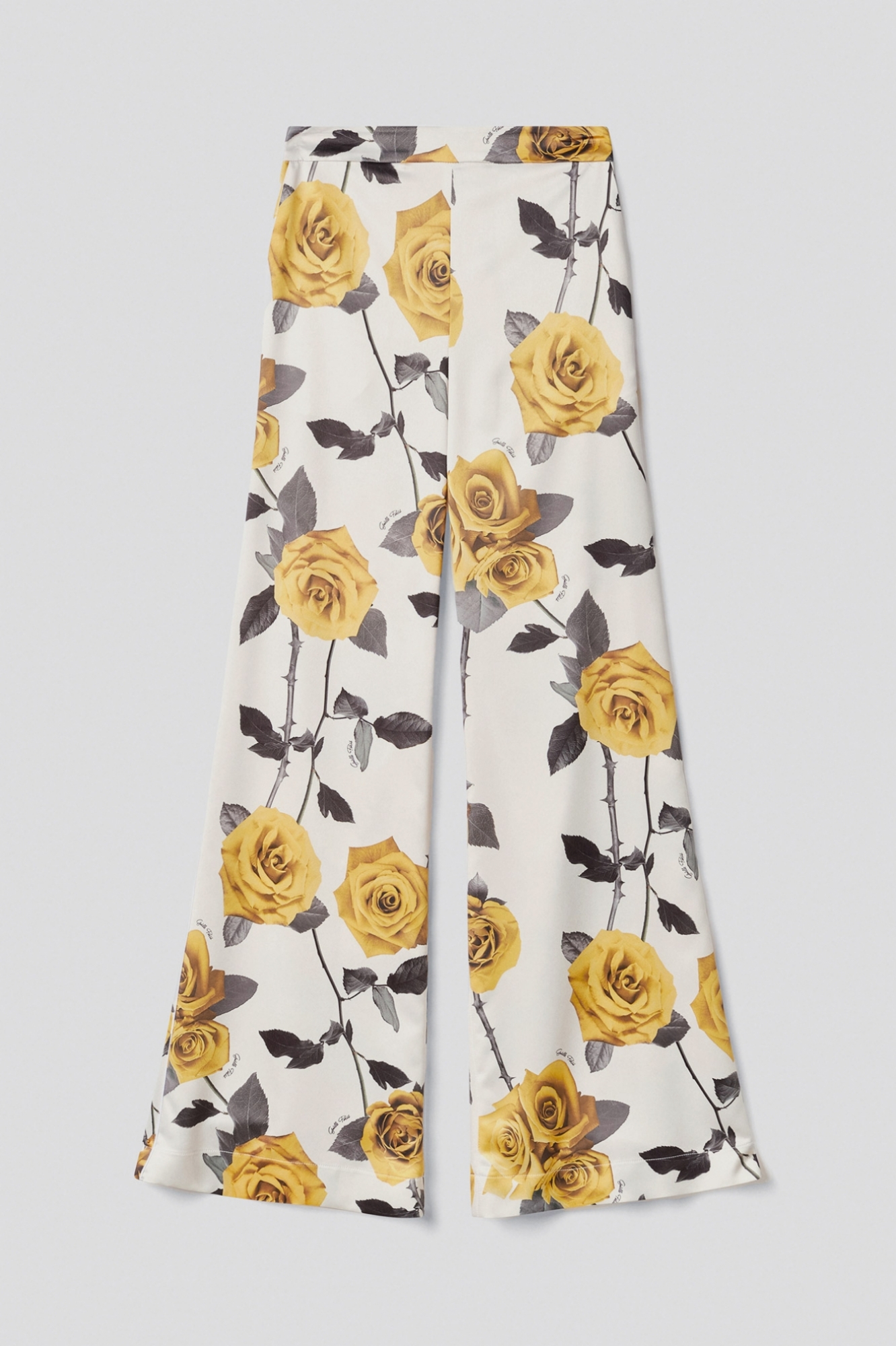 Picture of Printed satin palazzo trousers • Yellow roses