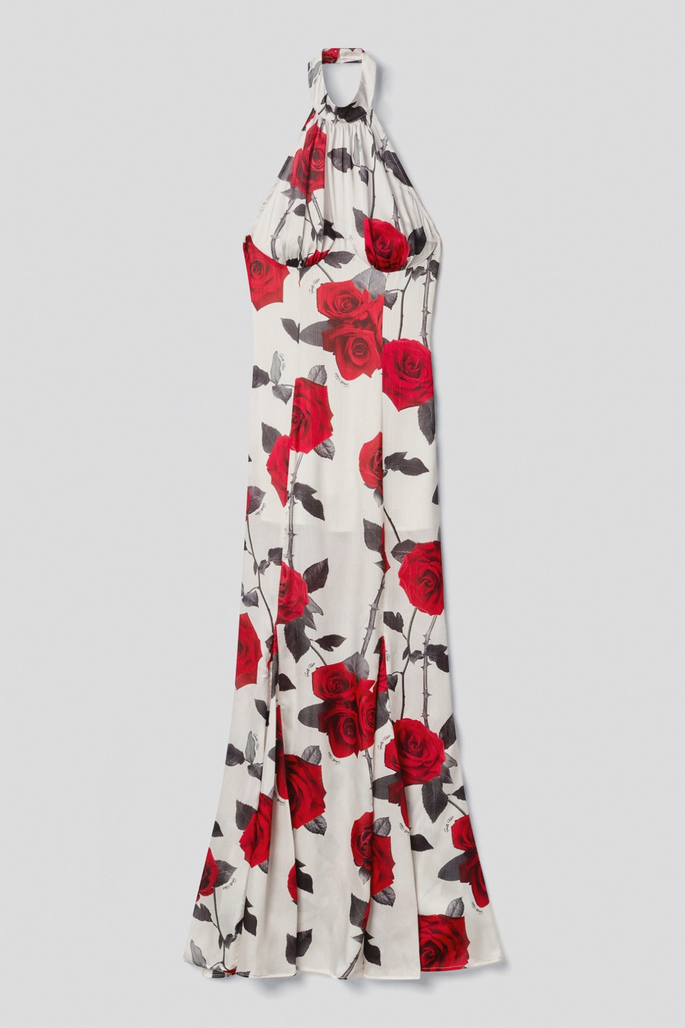 Picture of Long halter-neck dress in creponne satin • Red roses