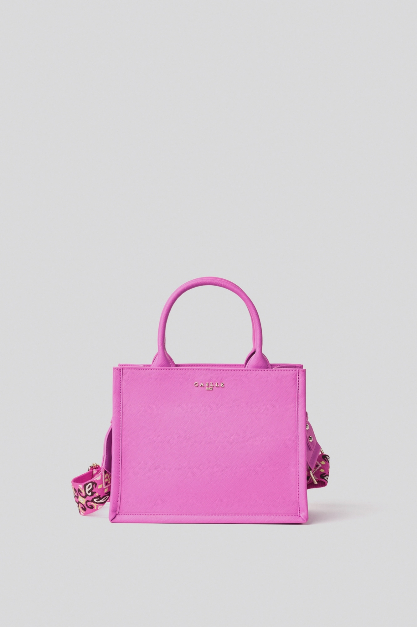 Mini shopper con logo in metallo e tracolla jacquard • Fucsia