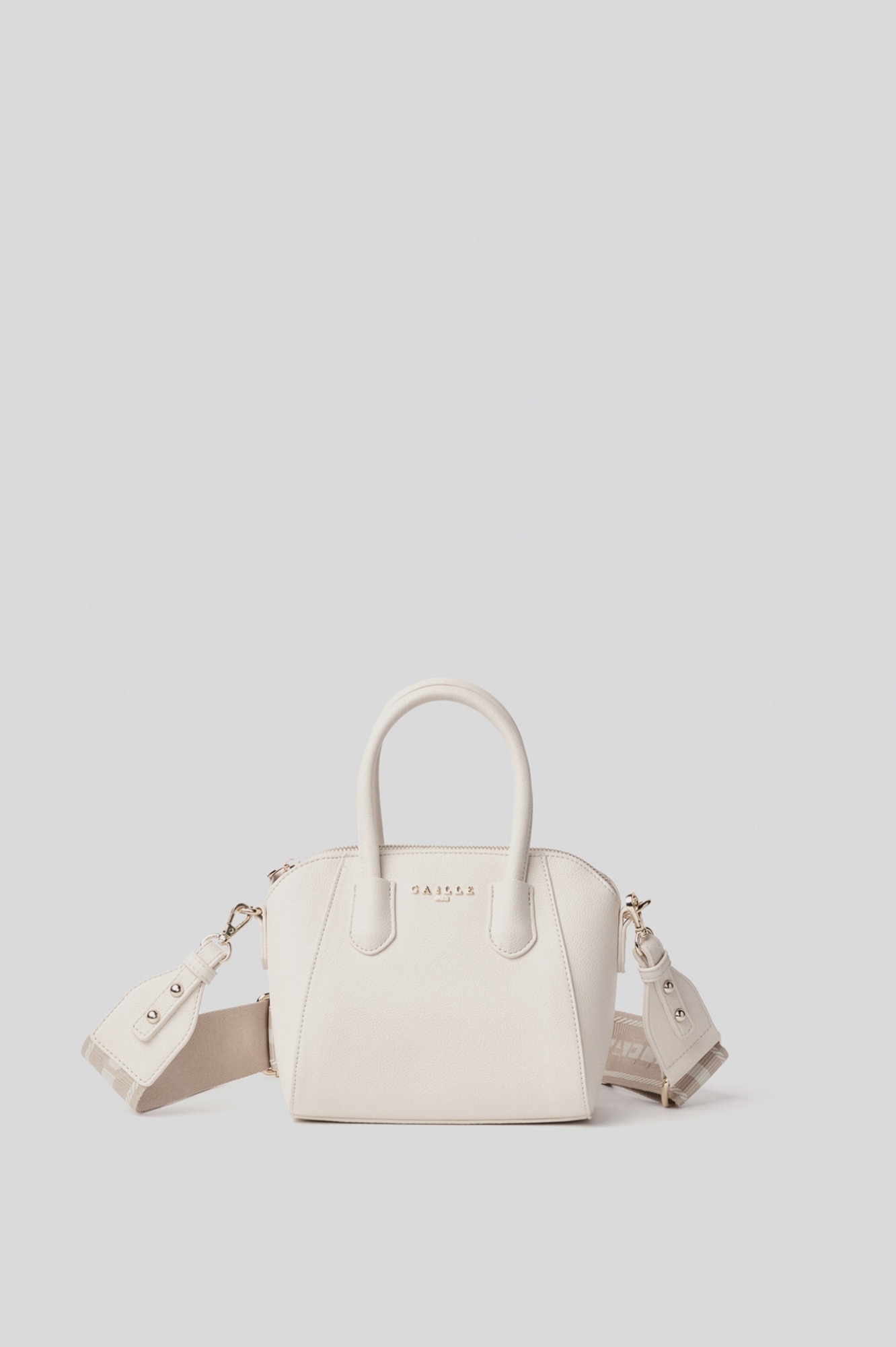 Mini duffle con logo in metallo e tracolla jacquard • Bianco