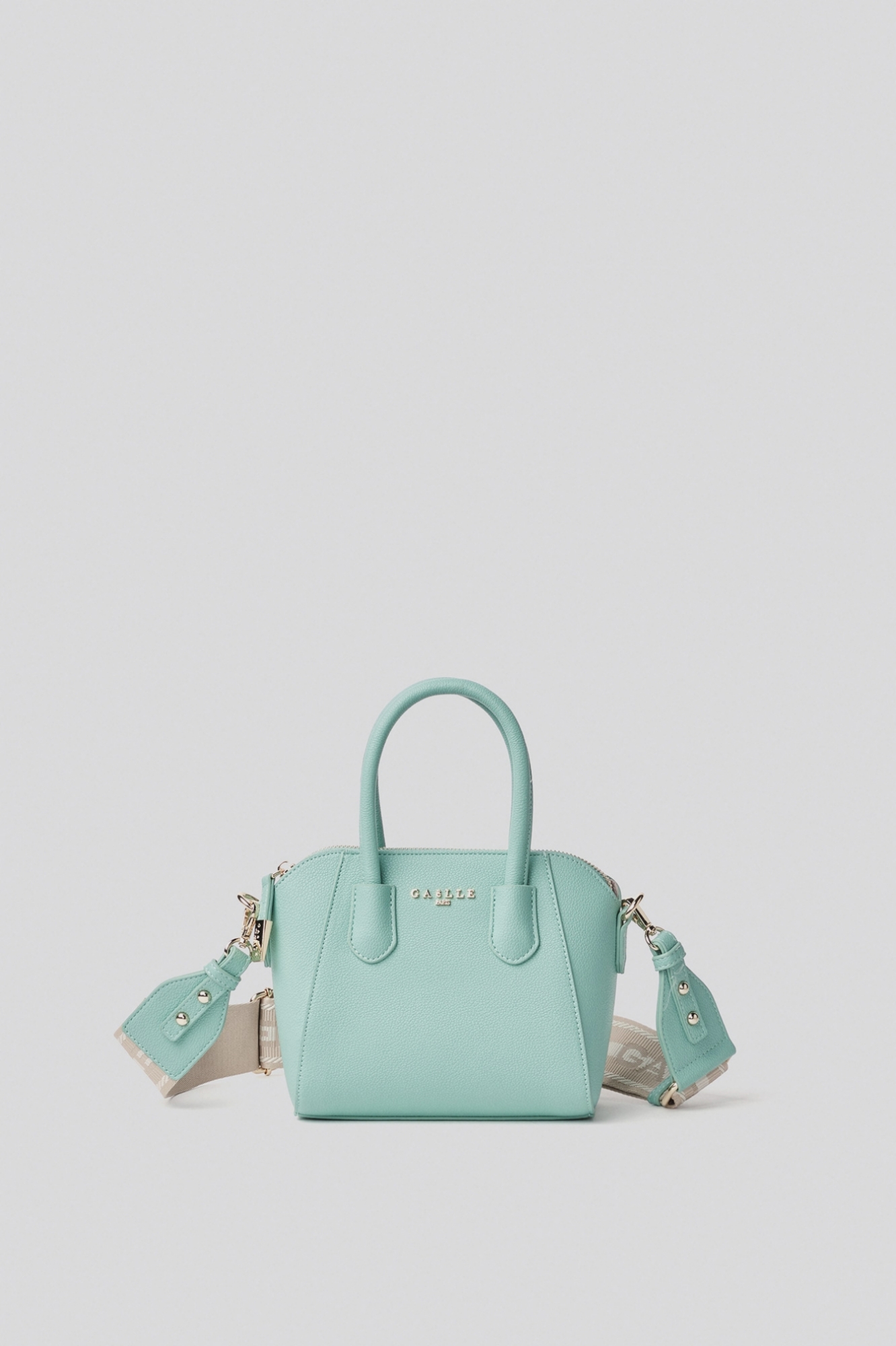 Mini duffle con logo in metallo e tracolla jacquard • Verde acqua