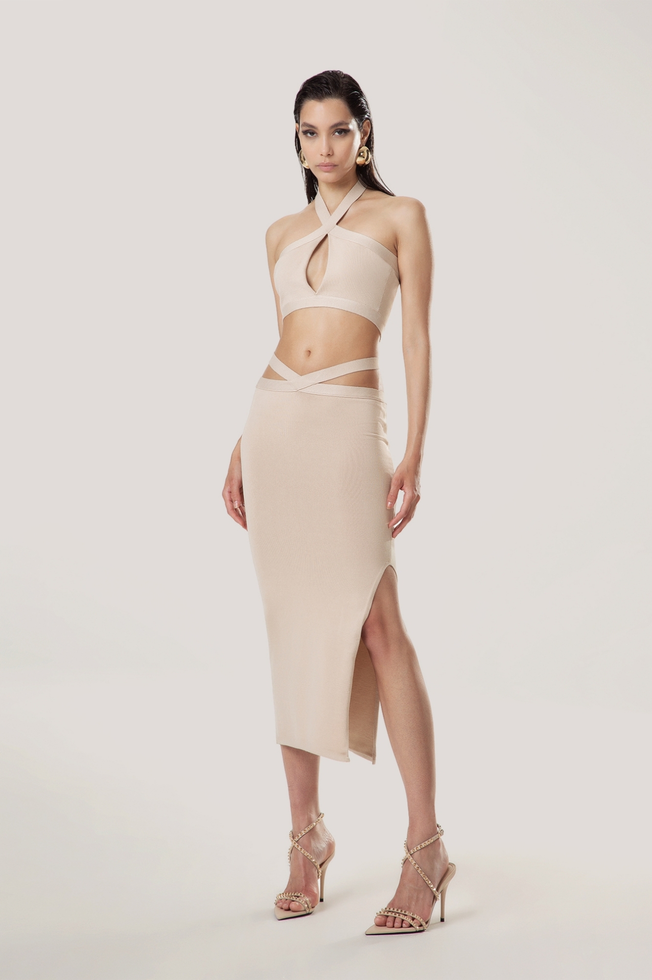 Picture of Long cut out dress in shaved viscose • Desert