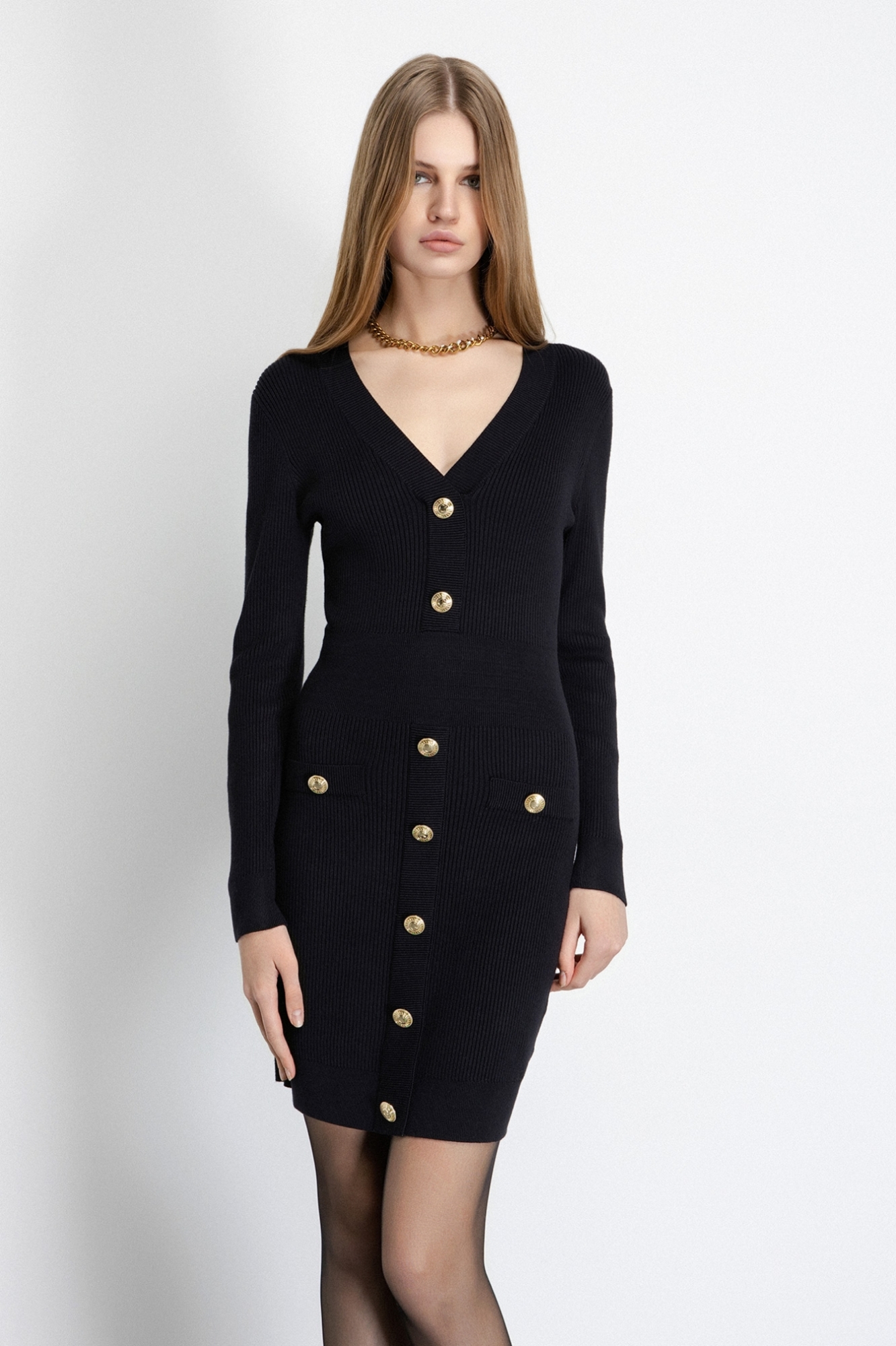 Mini Abito A Coste Dettaglio Bottoni • Nero