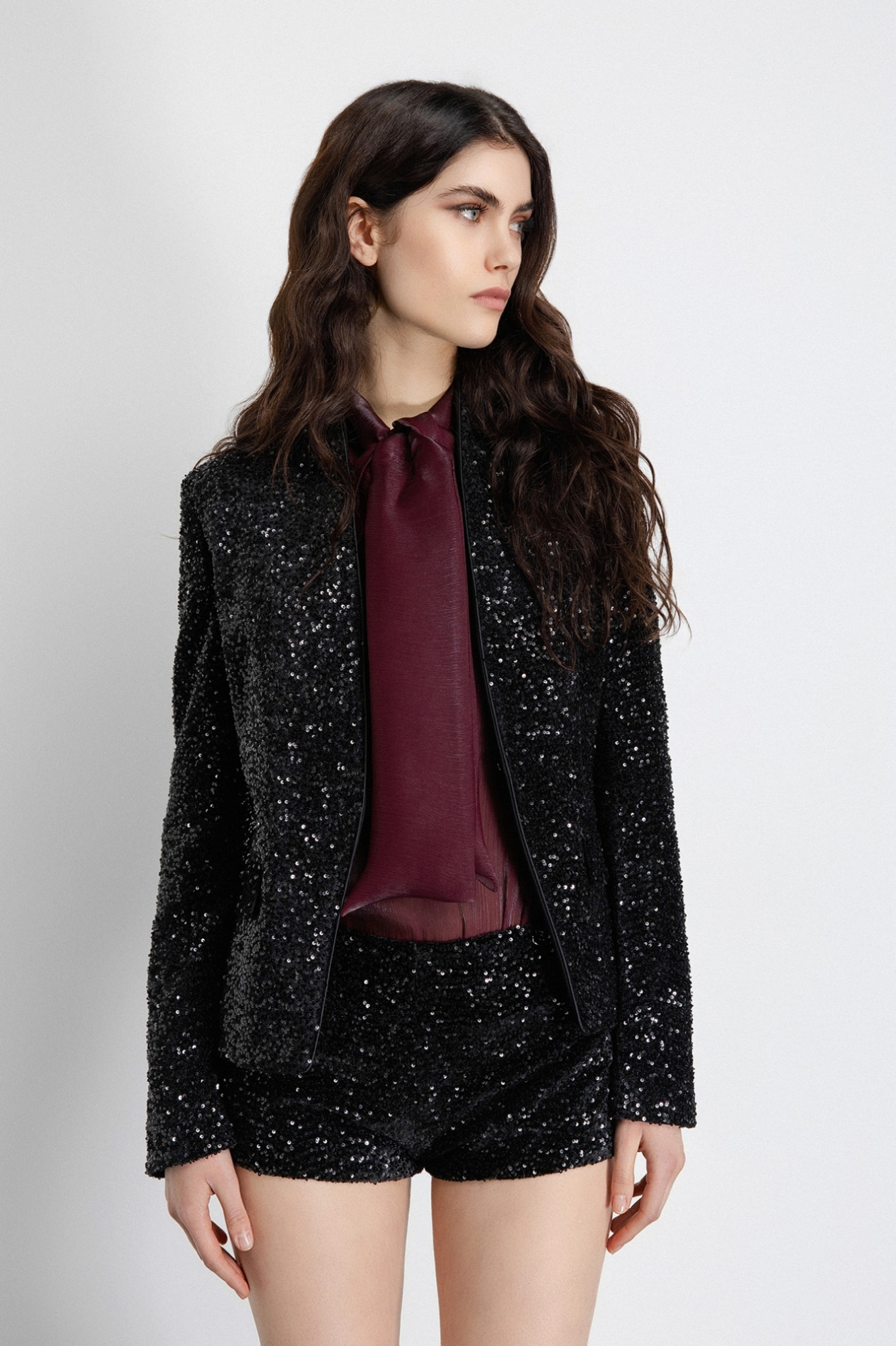 Giacca Fittata Senza Revers In Tessuto Paillettes • Nero