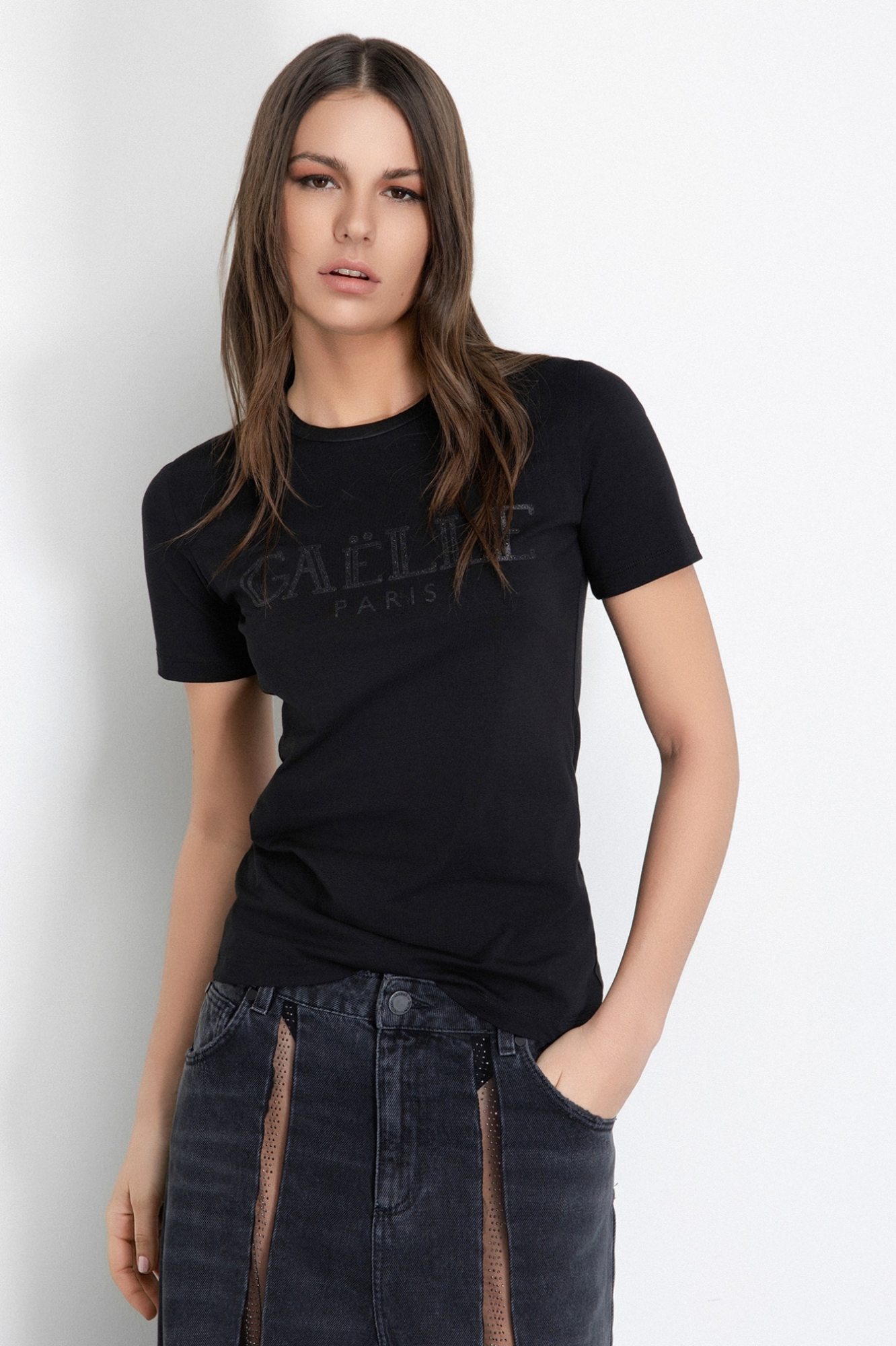 T-Shirt Paricollo Mezza Manica Con Logo Glitter Nero • Nero