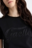 T-Shirt Paricollo Mezza Manica Con Personalizzazione In Ciniglia E Strass Termo Neri • Nero