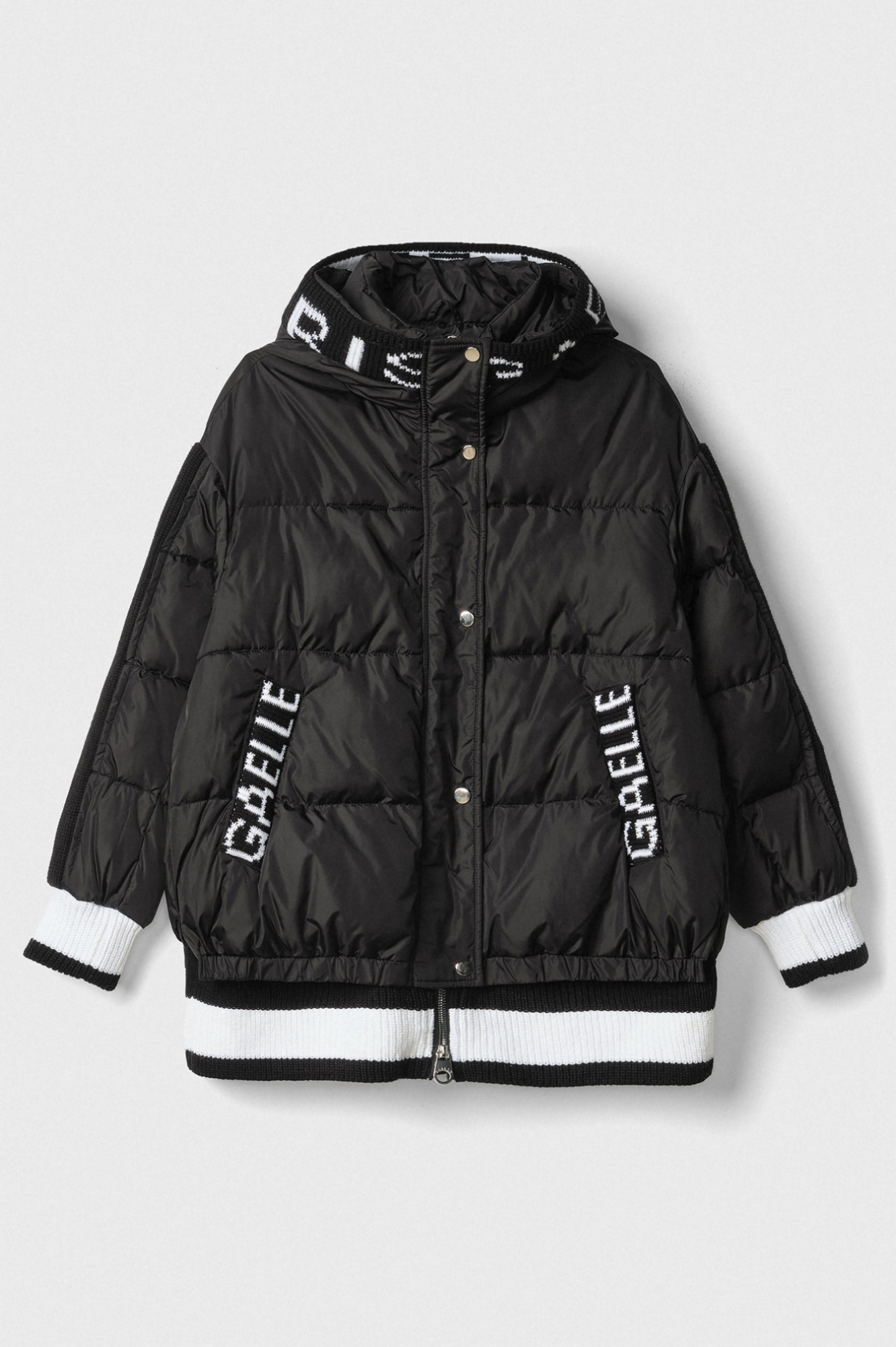 Piumino Manica Lunga Con Cappuccio Con Inserti In Maglieria • Nero