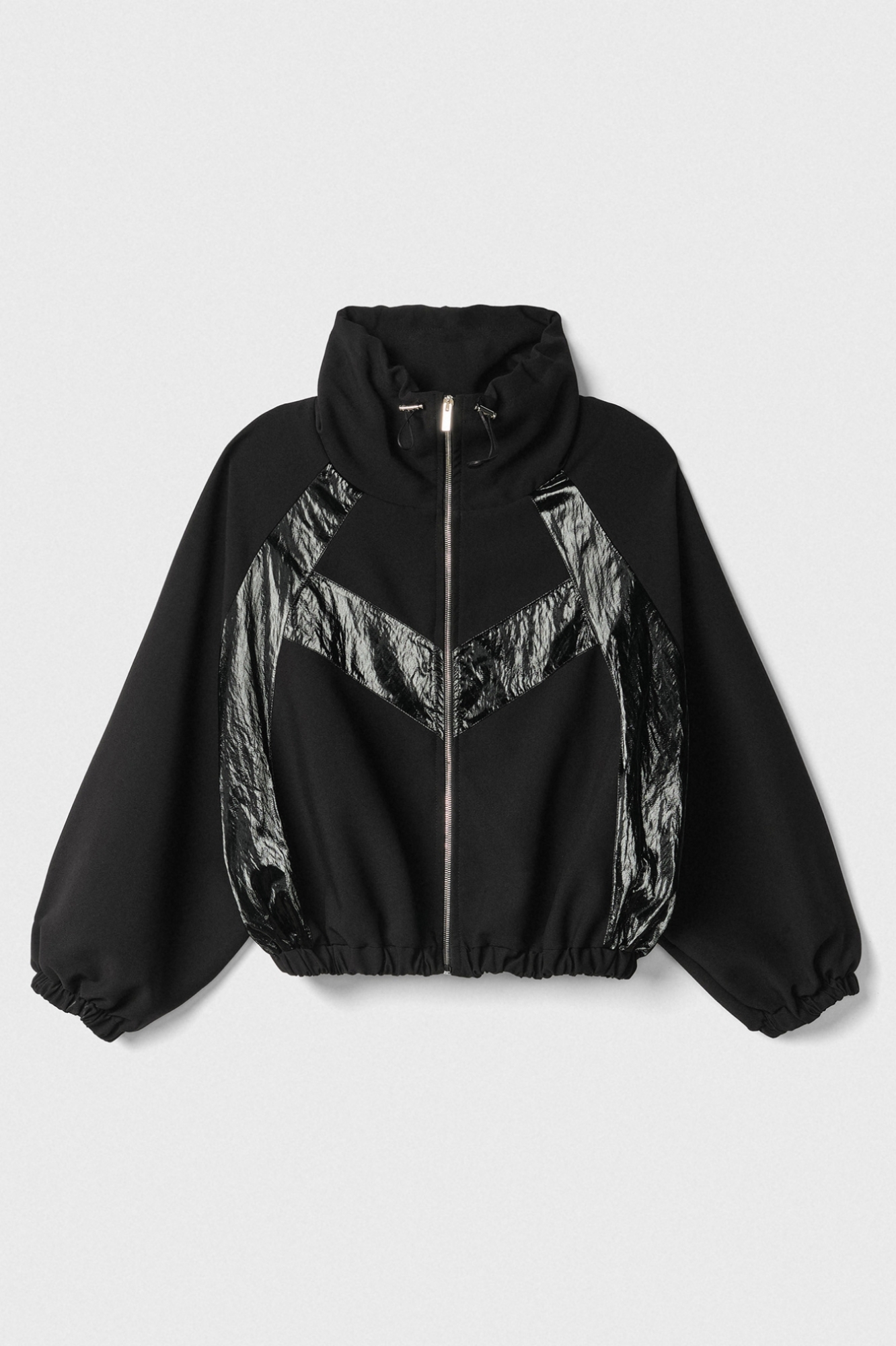 Felpa Zippata Collo Alto In Crepe Con Inserti In Tela Spalmata • Nero