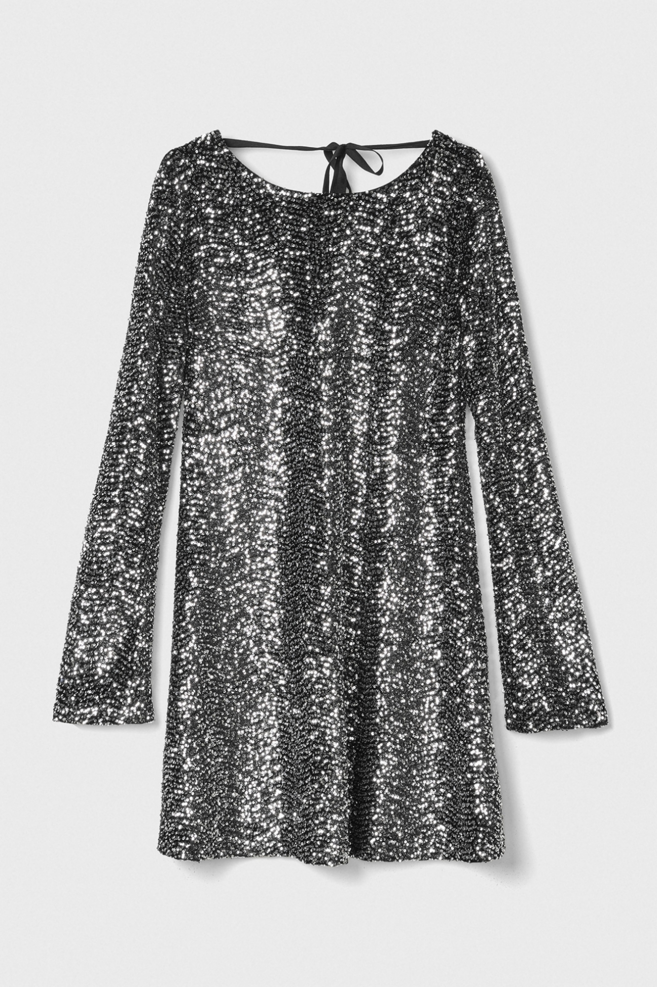 Abito Corto A Manica Lunga Con Schiena Nuda In Tessuto Paillettes • Nero-Argento