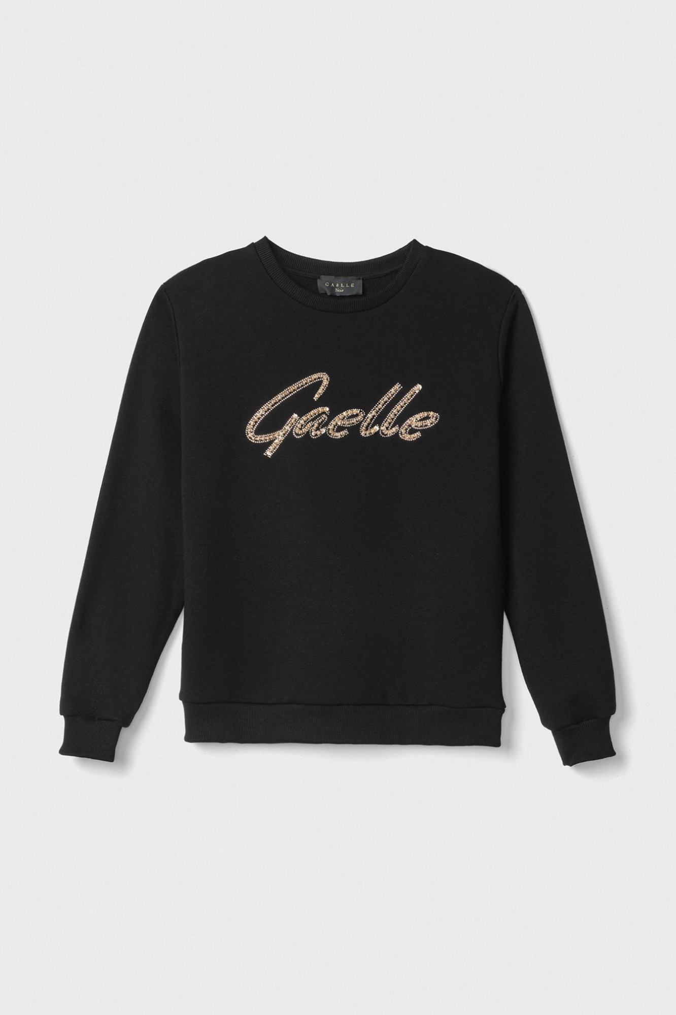 Felpa Paricollo Manica Lunga Con Ricamo A Mano E Appl. Strass Termo • Nero