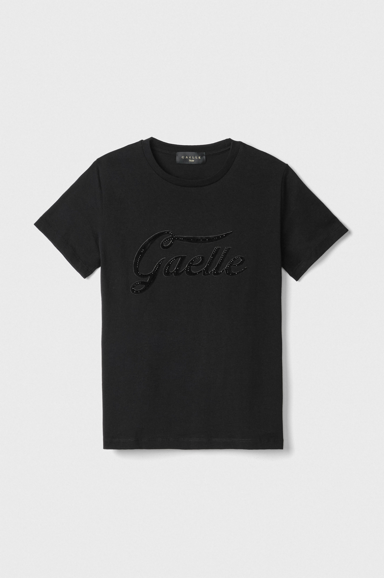 T-Shirt Paricollo Mezza Manica Con Personalizzazione In Ciniglia E Strass Termo Neri • Nero