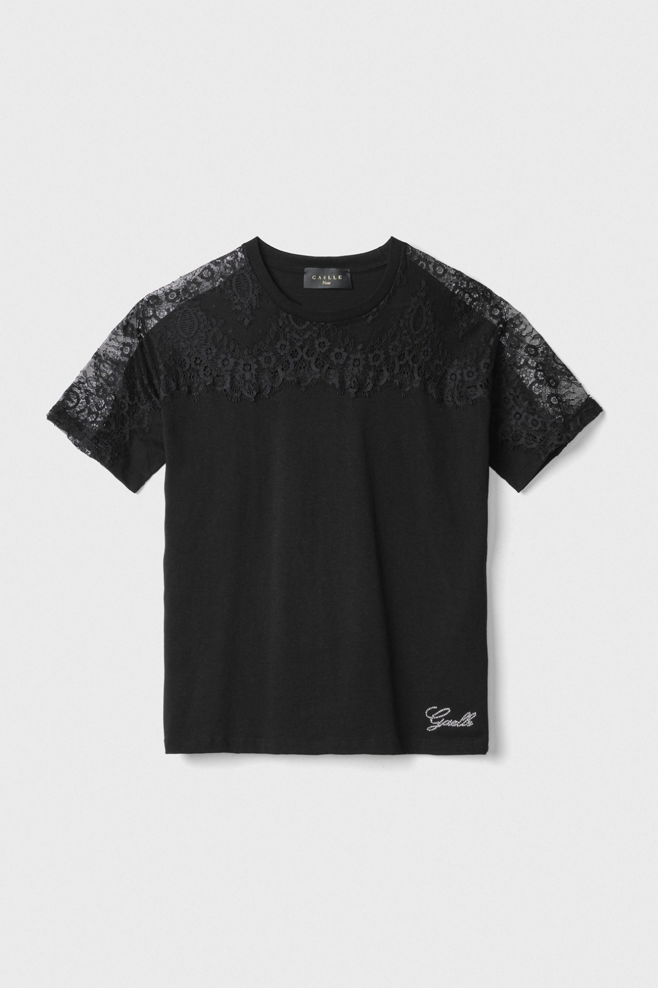 T-Shirt Paricollo Mezza Manica Con Inserto In Pizzo Nero Personal. Strass • Nero
