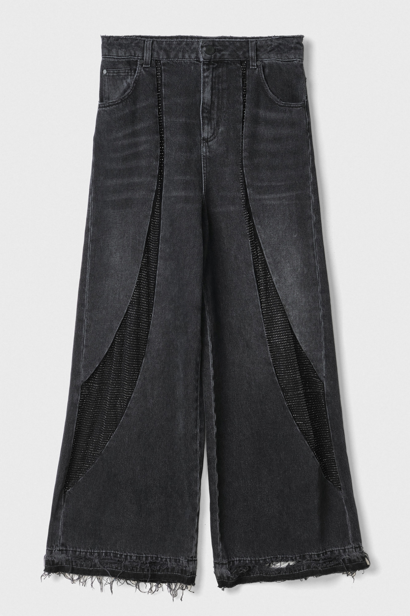 Pantalone Loose Fit Over Extralong Con Fondo Scucito E Micro Strass • Nero