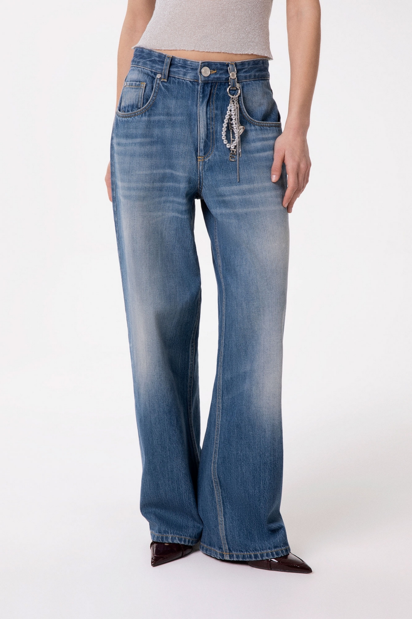 PANTALONE BOY IN DENIM CON MOSCHETTONE GIOIELLO
