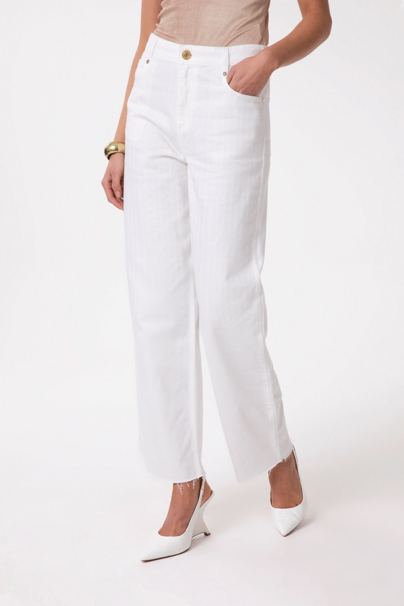 PANTALONE STRAIGHT IN DENIM CON APPLICAZIONE STRASS TRASPARENTI