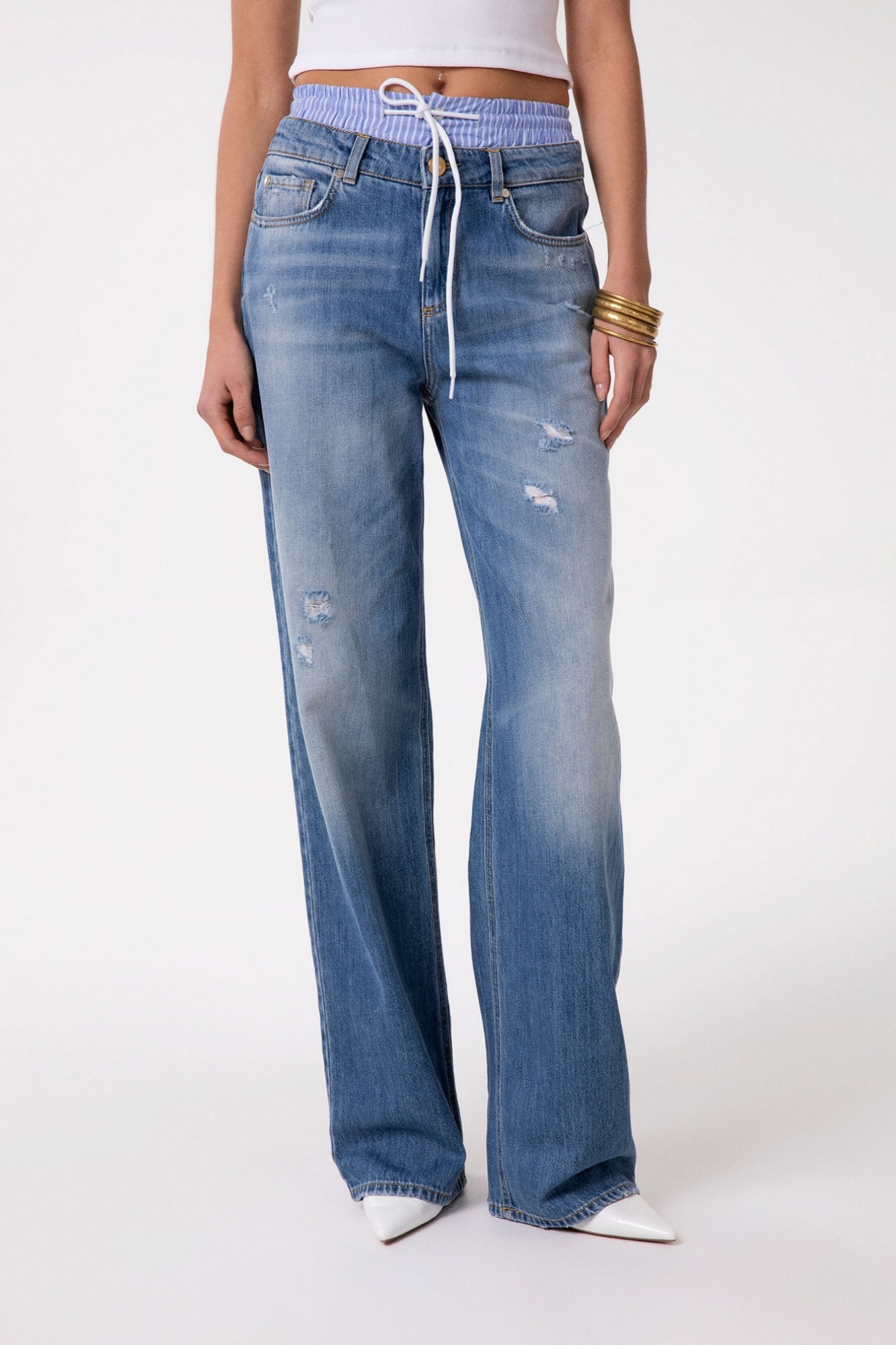 PANTALONE IN DENIM BOY LONG CON DOPPIA VITA IN POPELINE RIGATO