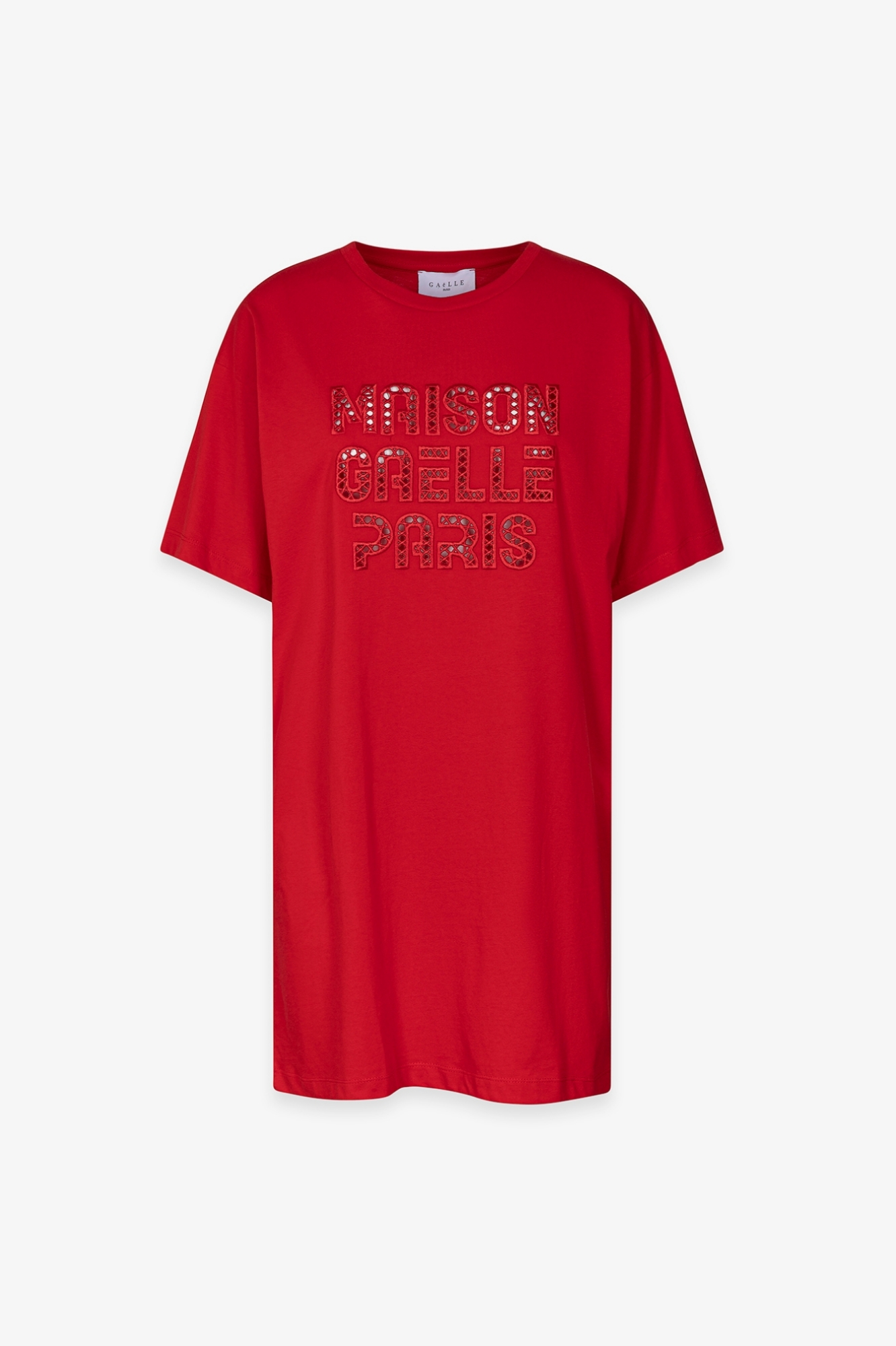 Abito Corto Paricollo Mezza Manica Con Ricamo Traforato • Rosso