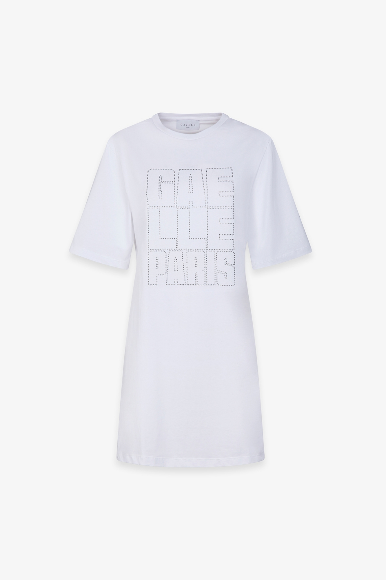 Abito Corto Paricollo Mezza Manica Con Appl. Strass E Dettaglio Apertura Sul Retro • Bianco