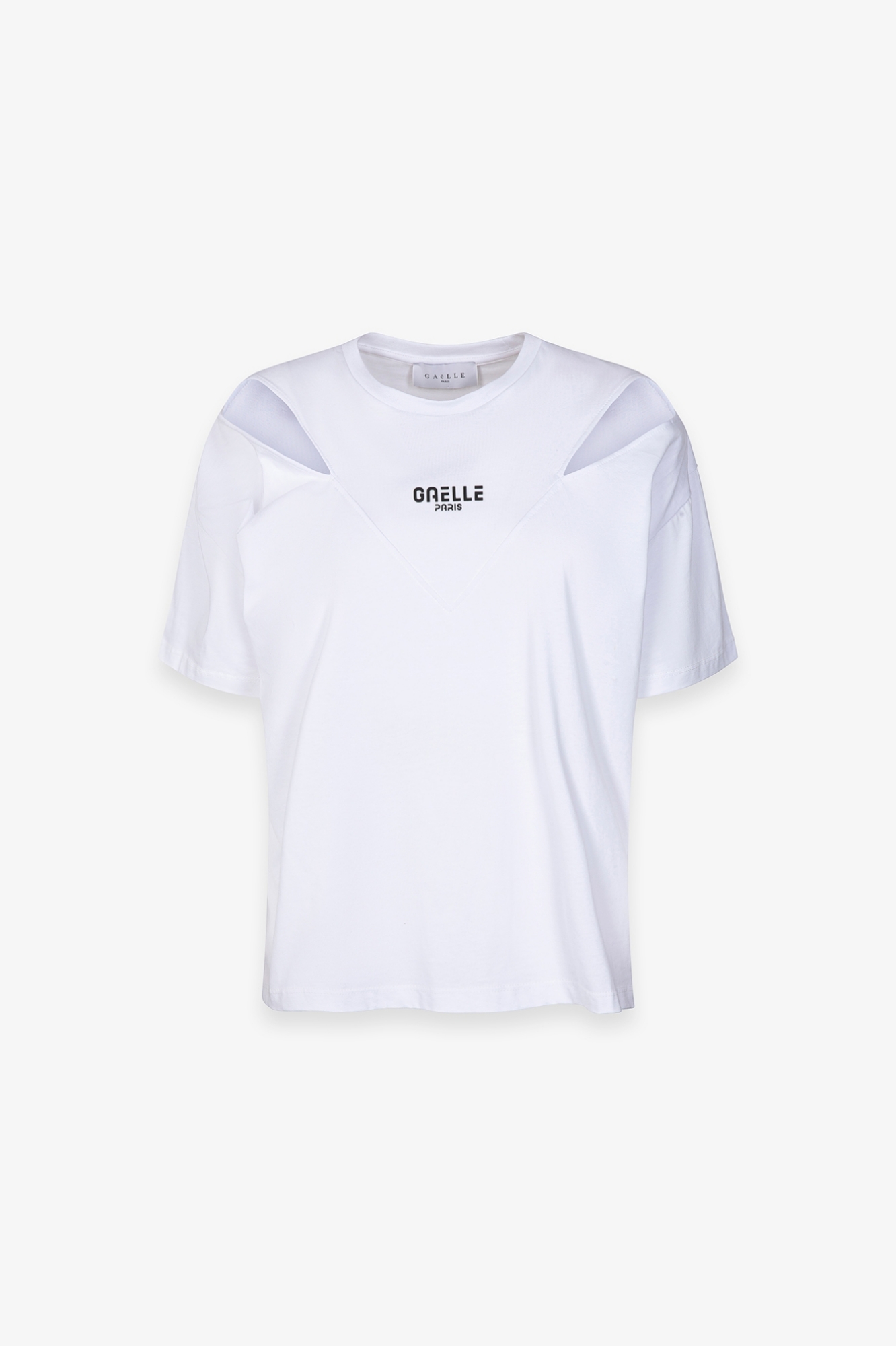 T-Shirt Paricollo Mezza Manica Con Dettaglio Tagli Su Spalle Applicazione Logo • Bianco
