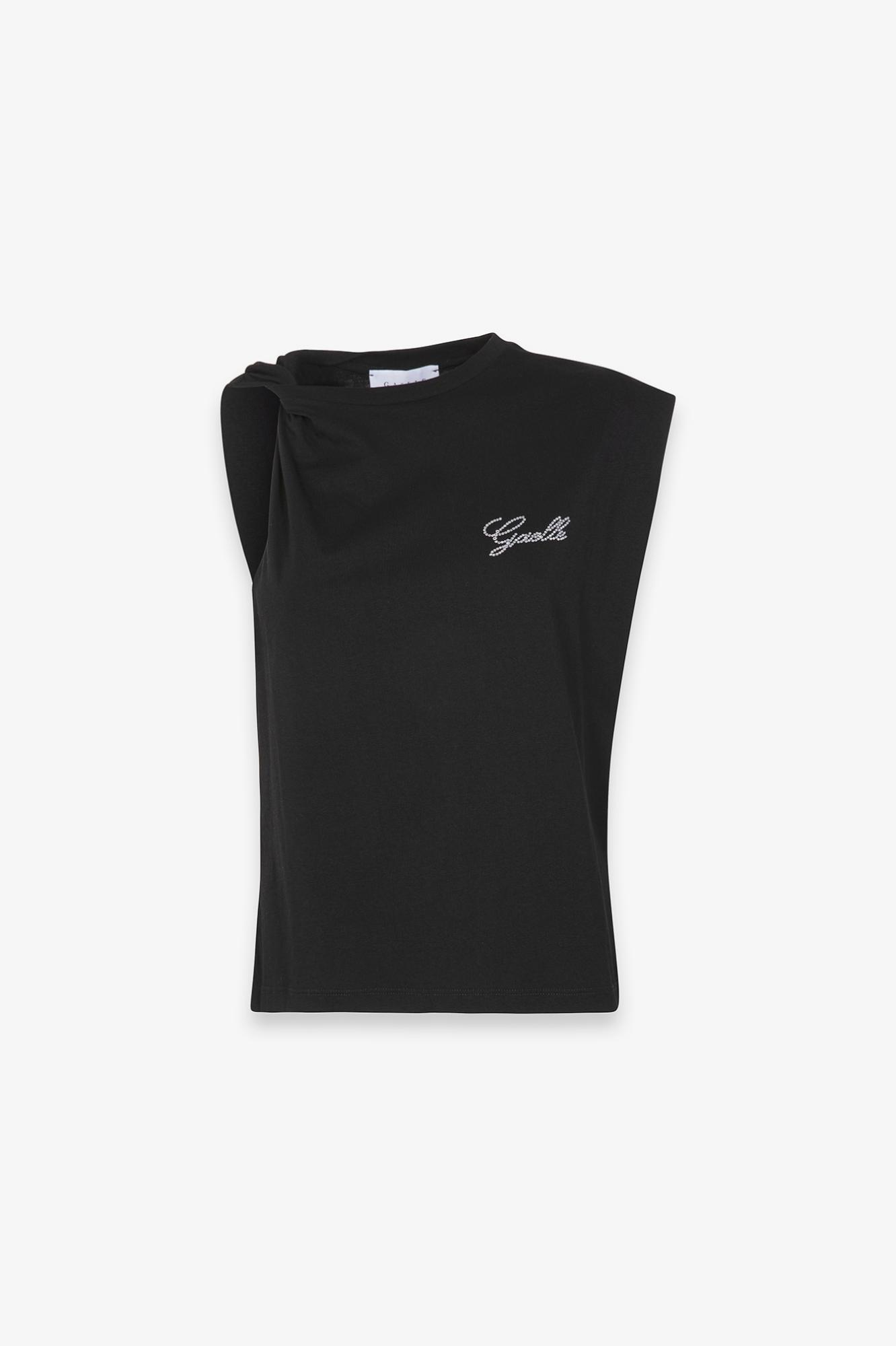 T-Shirt Smanicata Con Dettaglio Sul Davanti E Logo Strass Lato Cuore • Nero