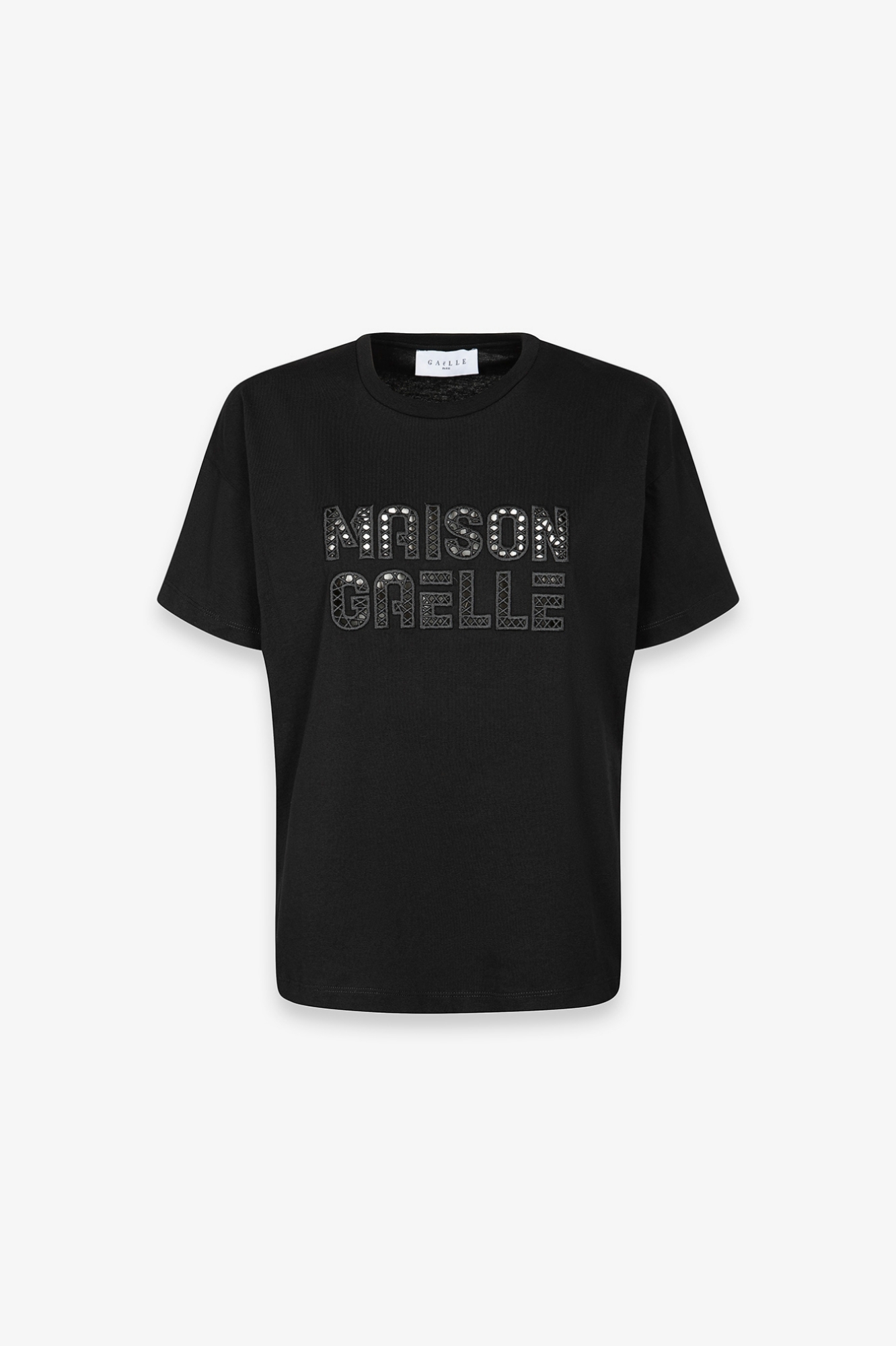 T-Shirt Paricollo Mezza Manica In Jersey Con Ricamo Traforato • Nero