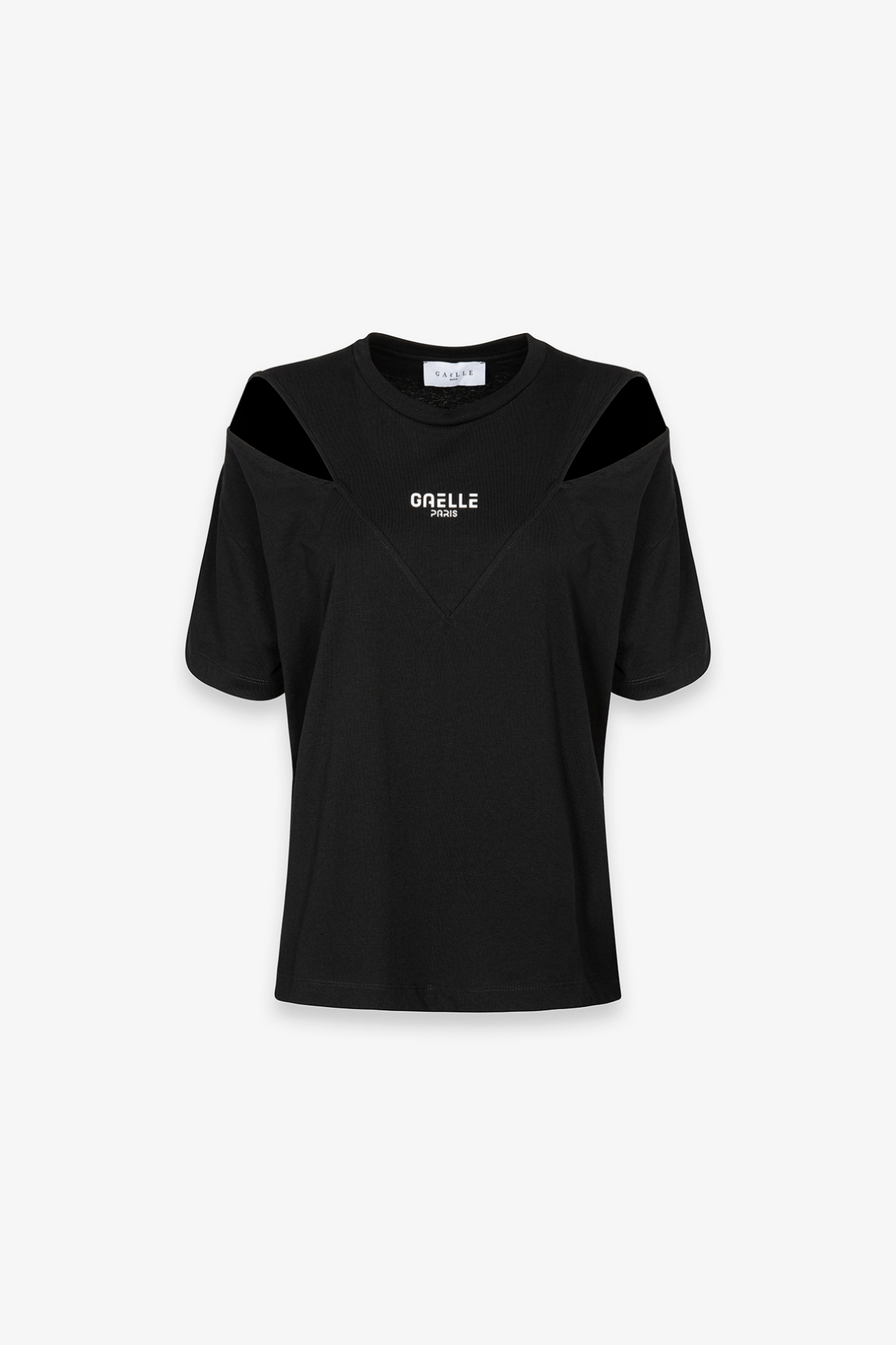 T-Shirt Paricollo Mezza Manica Con Dettaglio Tagli Su Spalle Applicazione Logo • Nero