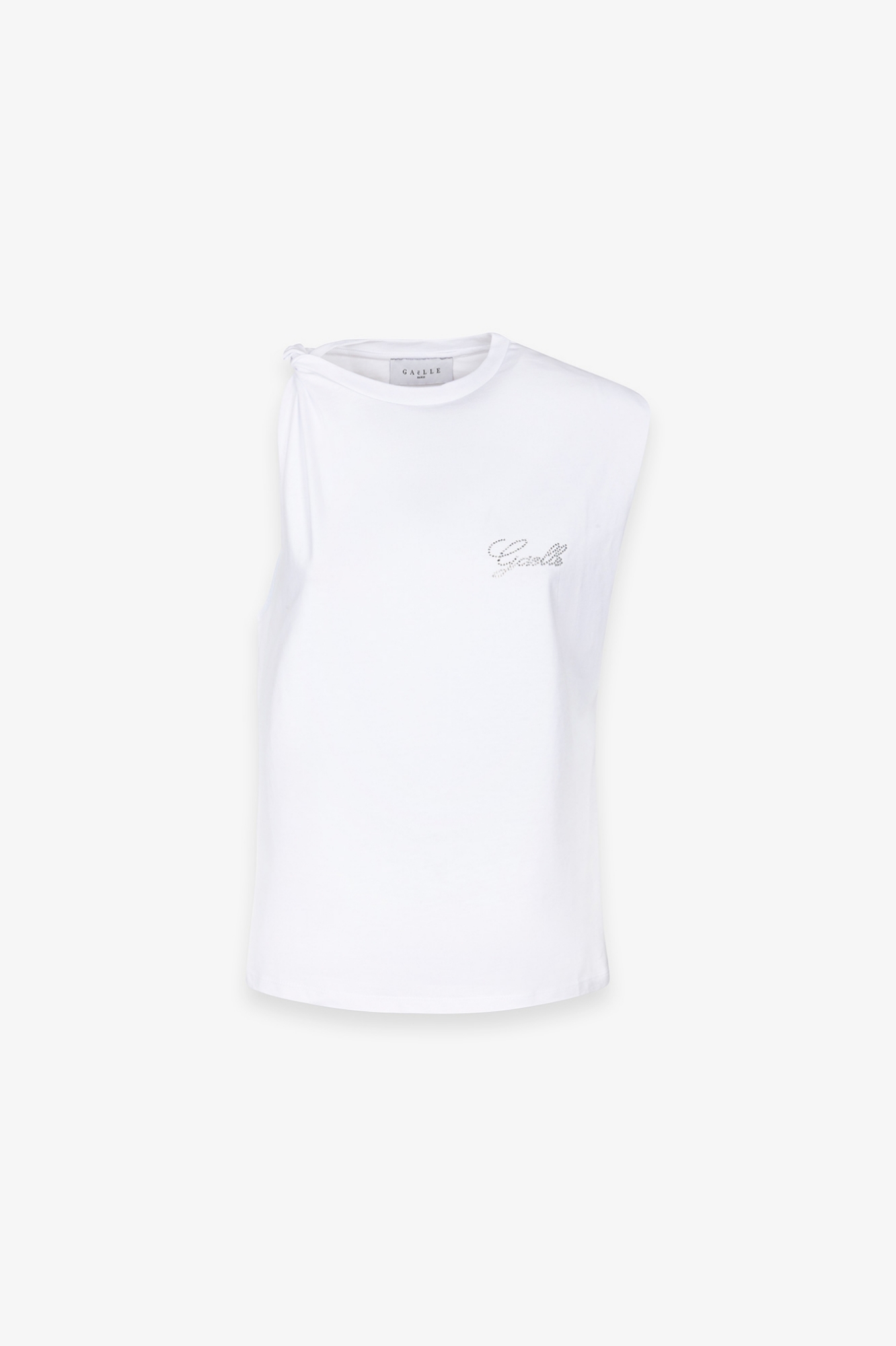 T-Shirt Smanicata Con Dettaglio Sul Davanti E Logo Strass Lato Cuore • Bianco